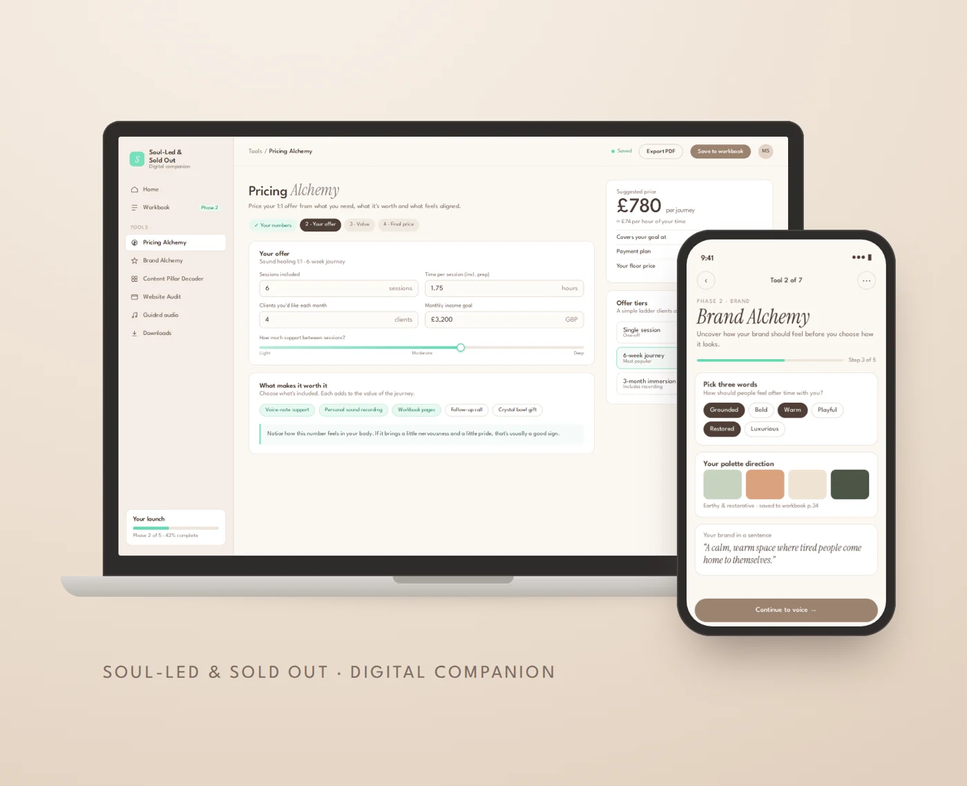 The Soul-Led & Sold Out digital companion: Pricing Alchemy on a laptop and Brand Alchemy on a phone