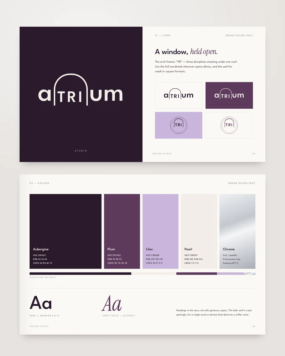 Two pages from the Atrium Studio brand guidelines: logo lockups, and the aubergine, plum, lilac, pearl and chrome colour palette with type specimens