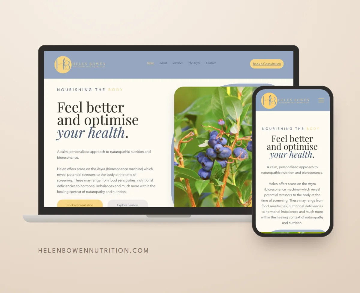The Helen Bowen Nutrition website shown on a laptop and a phone