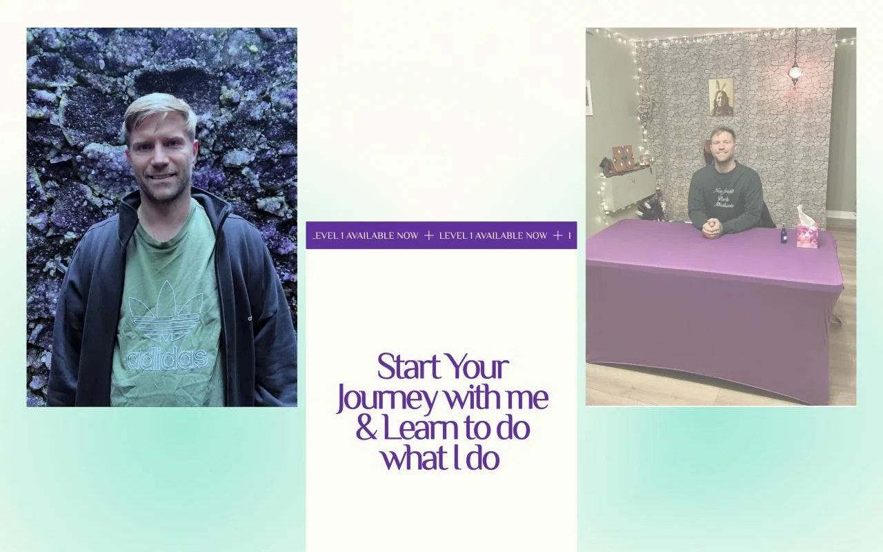 Two photographs of Felix either side of the “Start Your Journey with me & Learn to do what I do” course introduction