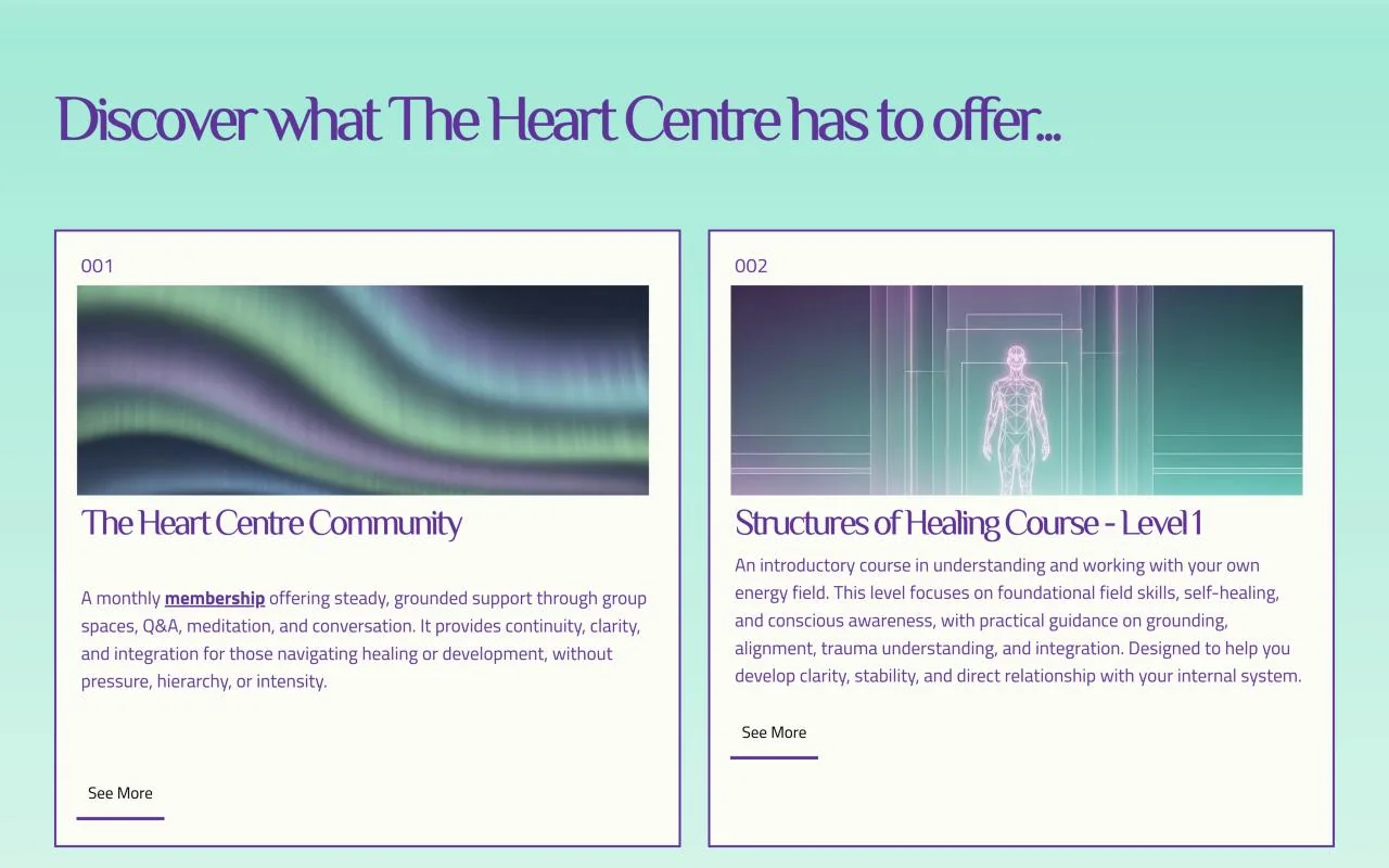 The “Discover what The Heart Centre has to offer” section, with cards for The Heart Centre Community and the Structures of Healing course