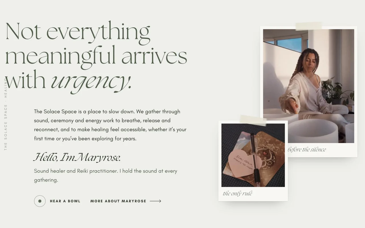The opening section, “Not everything meaningful arrives with urgency”, with Maryrose’s introduction beside taped polaroid photographs