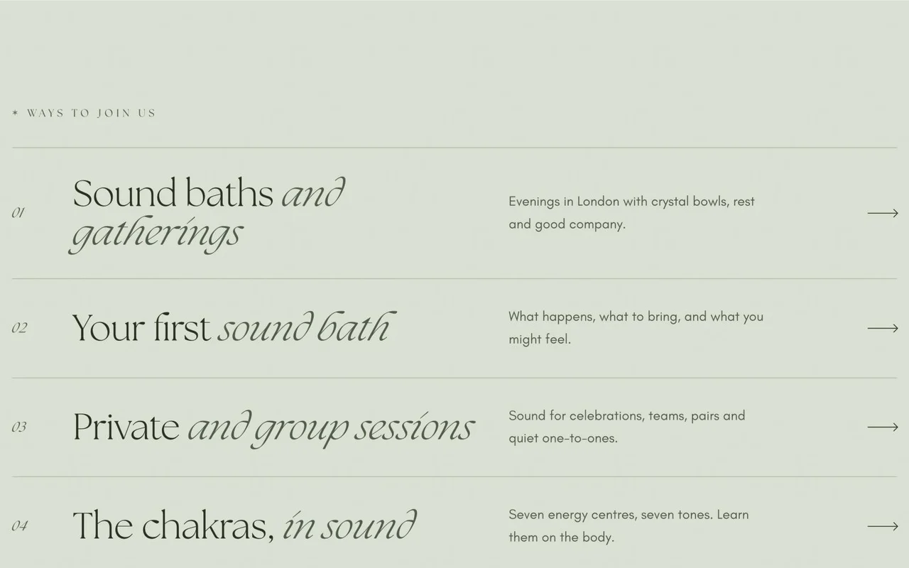 The “Ways to join us” list on soft sage, with sound baths and gatherings, your first sound bath, private and group sessions, and the chakras in sound